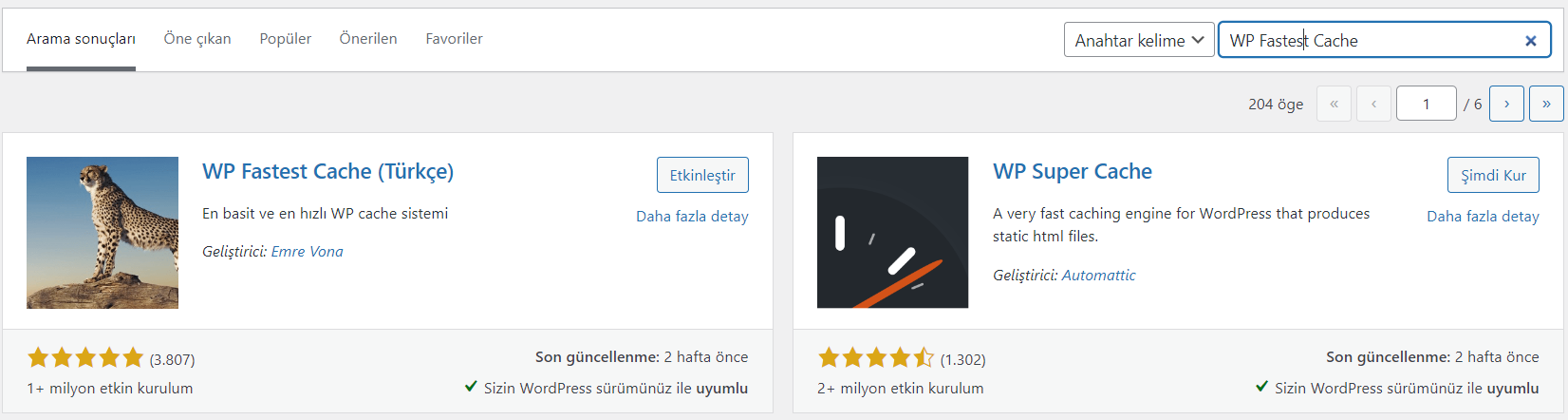 Bunu yapmak için tekrar Eklentiler> Yeni Ekle'ye gidin , ancak bu sefer arama kutusuna " WP Fastest Cache " yazın, Şimdi Yükle'yi ve ardından Etkinleştir'i tıklayın.