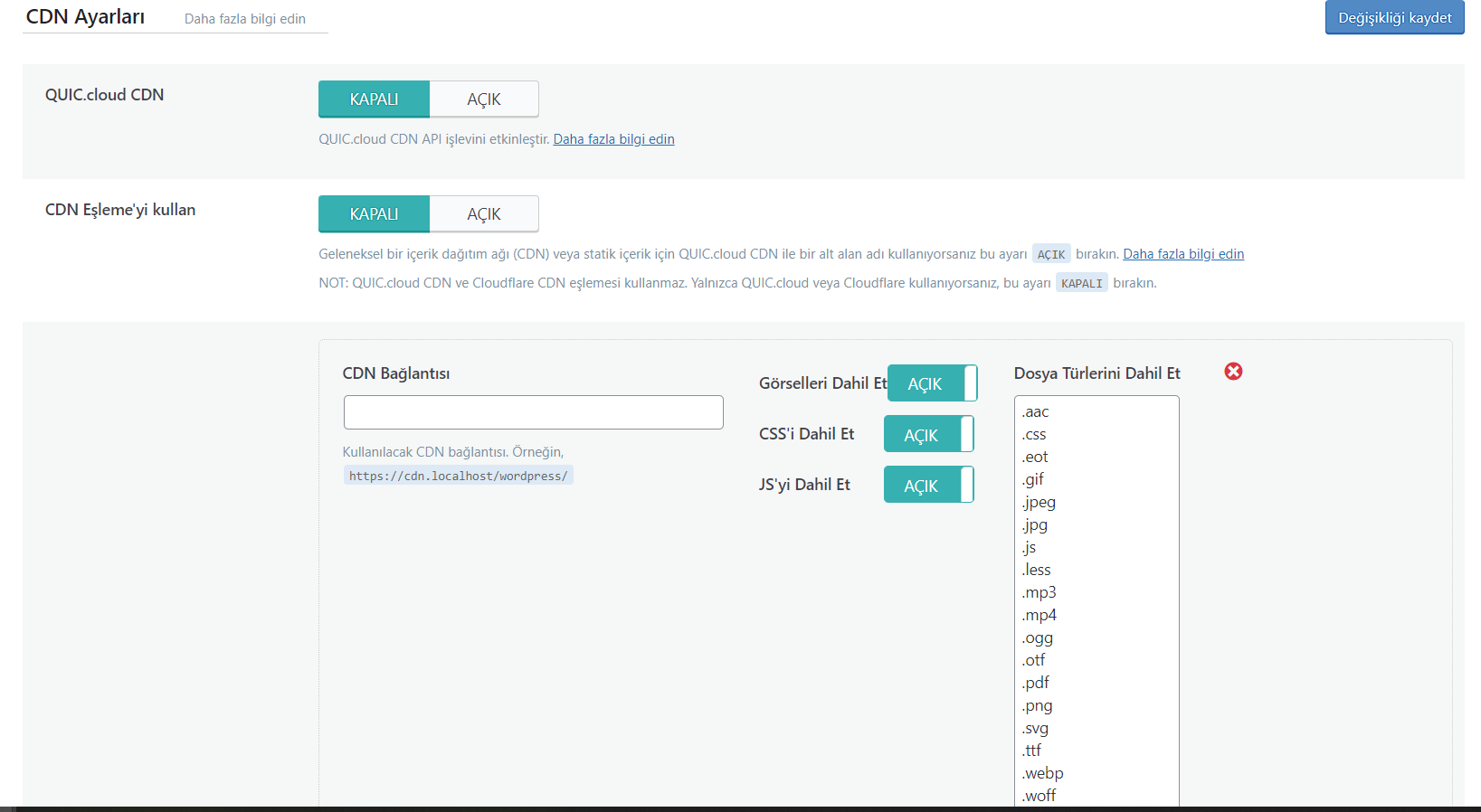 QUIC.cloud CDN – Açık : QUIC.cloud'u öneririm (çoğu durumda Cloudflare üzerinden bile) çünkü Cloudflare APO'ya benzer HTML önbelleği kullanır. 