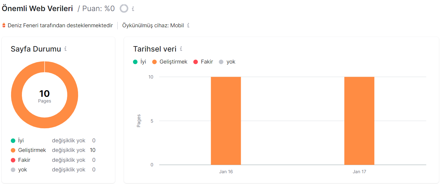 İçeriğin web sitenize ne kadar hızlı yüklendiğini izlemenin bir yolu, Site Denetim aracımızın Önemli Web Verileri ölçümüdür.