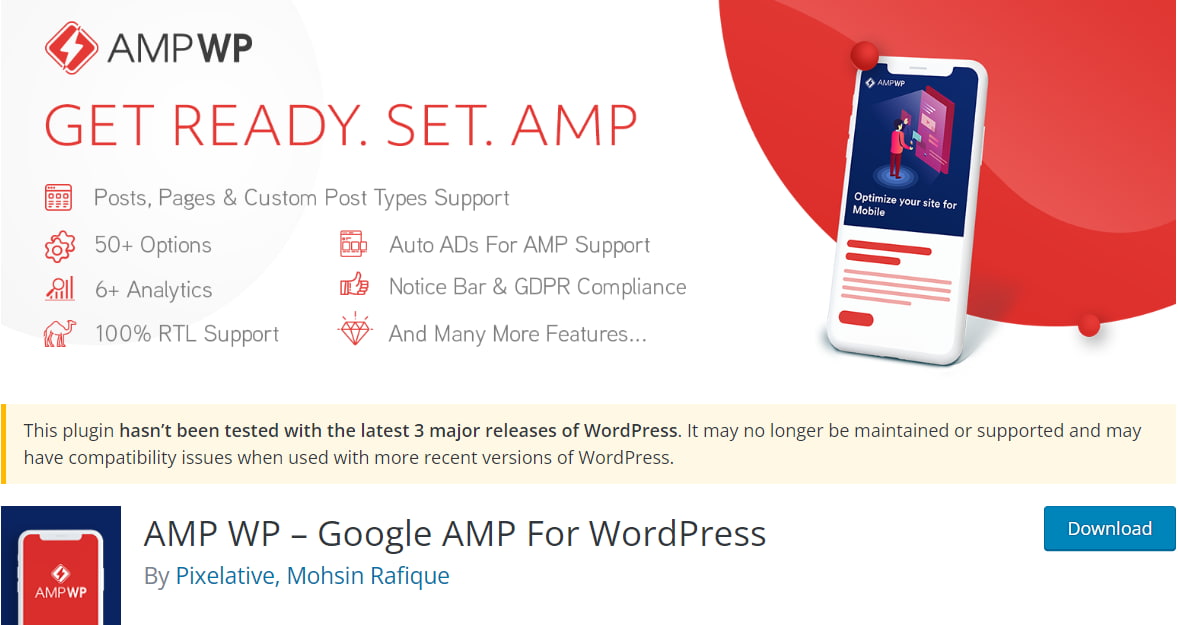 Diğer AMP eklentilerinden çok daha az indirmeye sahip olsa da, AMP WP burada yine de bahsetmeye değer. Özelliklere boğulmak istemeyen WordPress yöneticileri için ücretsiz ve anlaşılır bir AMP aracıdır.