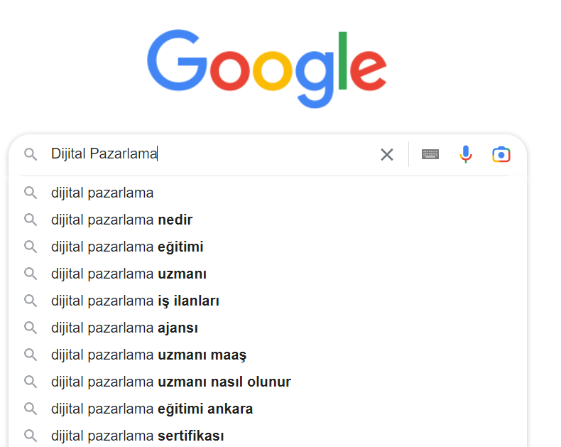 Google'ın arama kutusuna yazmaya başladığınızda, size insanların aradığı ilgili terimlerin bir açılır listesini gösterir.