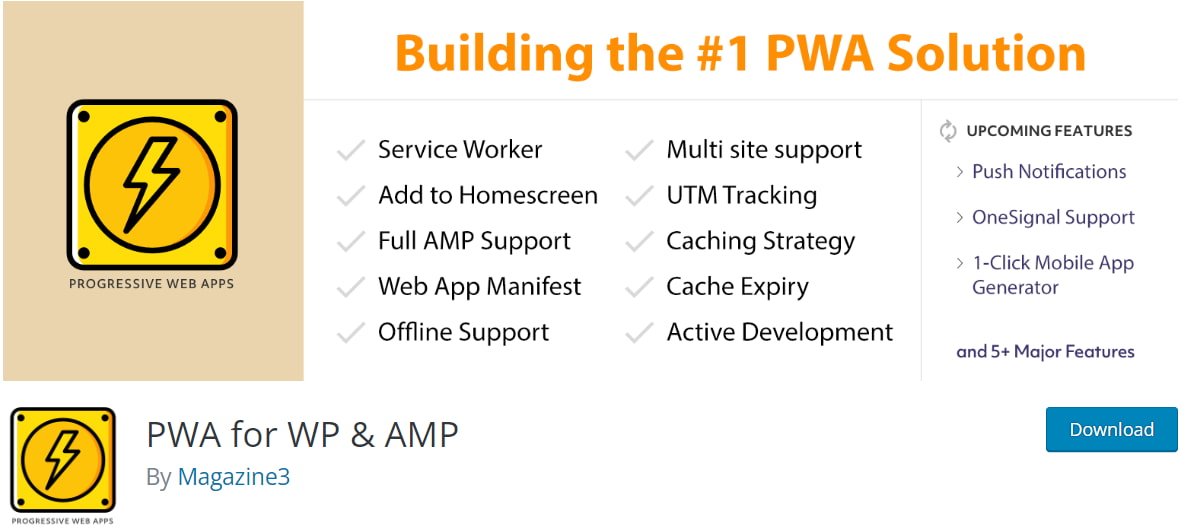 Aşamalı web uygulamaları (PWA), web aracılığıyla sunulan yüksek performanslı uygulamalardır. WP & AMP eklentisi için PWA, herhangi bir WordPress kullanıcısının. AMP çerçevesini kullananlar da dahil olmak üzere web sitelerini bir PWA'ya dönüştürmesine olanak tanır. 