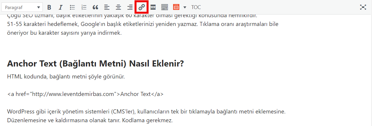 WordPress'te yeni bir gönderi oluşturun ve içeriğinizi yazın. Ardından, bağlantı metnine dönüştürmek istediğiniz kelimeleri vurgulayın.