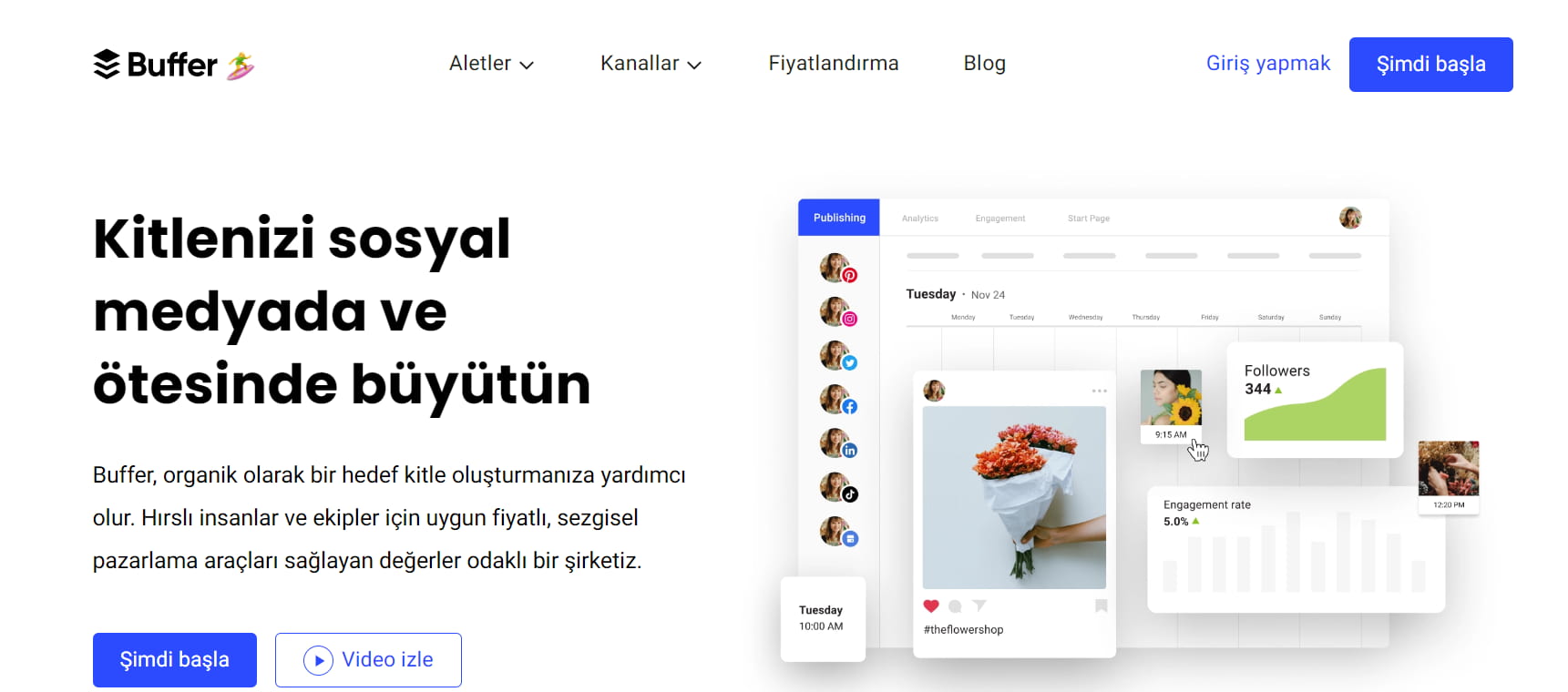 Buffer, sosyal medya yönetim araçları listemizdeki bir diğer popüler seçimdir. Pek çok pazarlama yanlısı, daha iyi sonuçlar almak ve bloglarına daha fazla sosyal trafik çekmek için yayınları belirli bir zamanlamayla paylaşır.